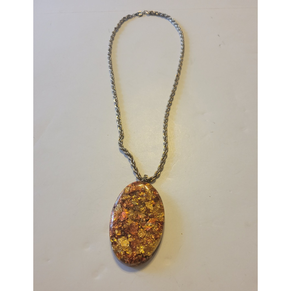 Vintage Estate Necklace Orange Gold‎ flake Cabochon Oval Resin Pendant Jewelry - Picture 4 of 6